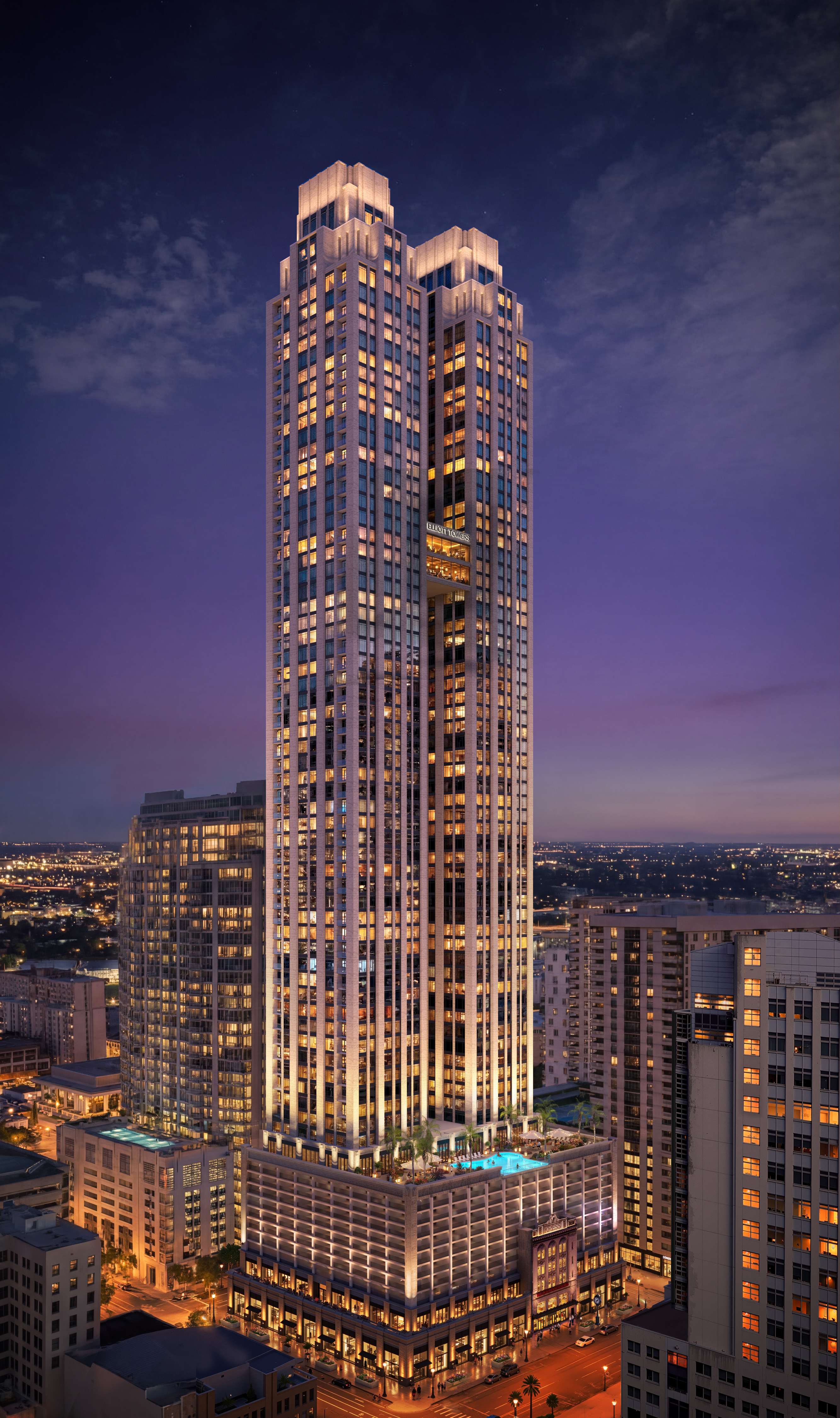 Elliott Towers concept rendering, dual tower at twilight
